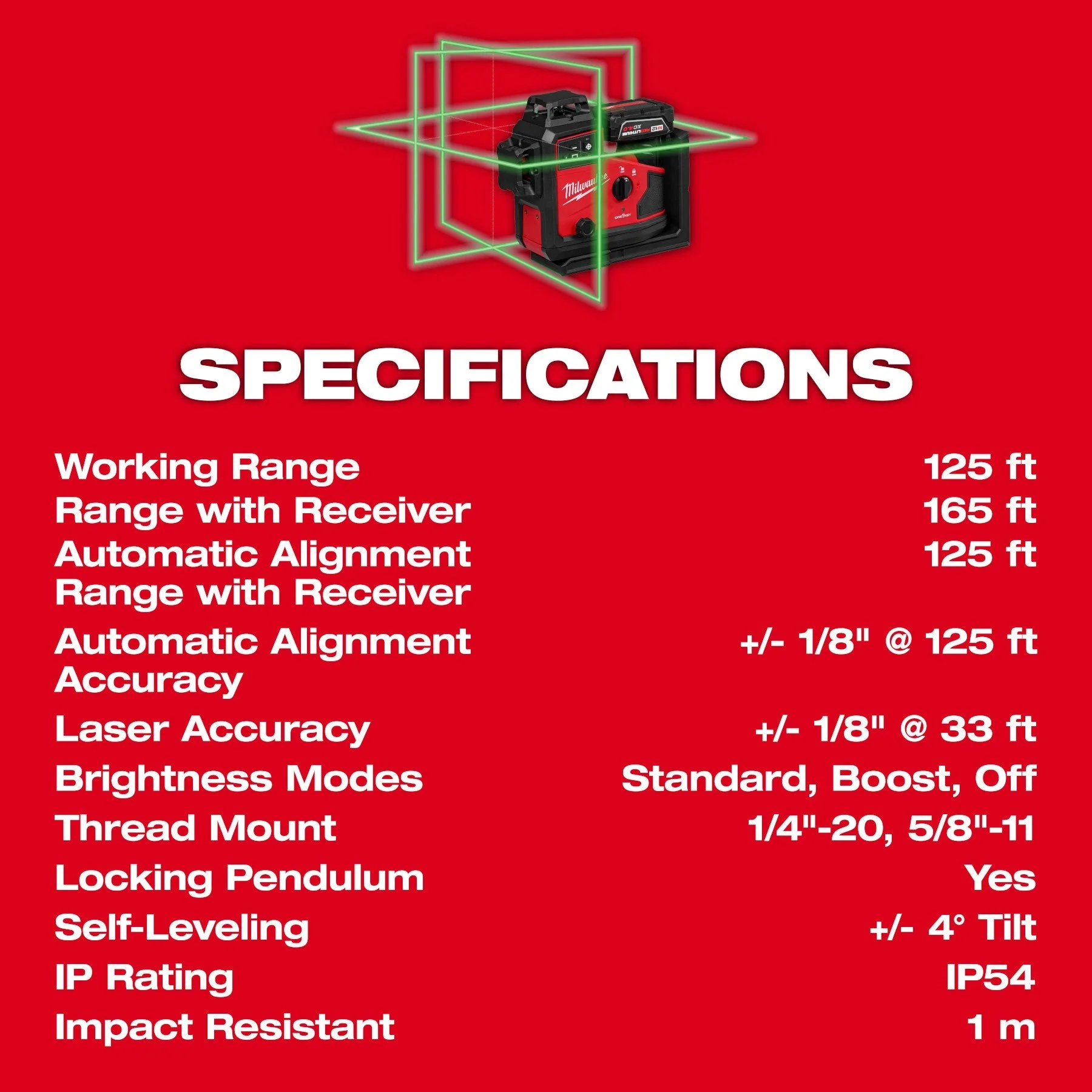 Milwaukee 3642-21 M12™ Green 360° 3-Plane Laser w/Automatic Alignment & Receiver - Image 24