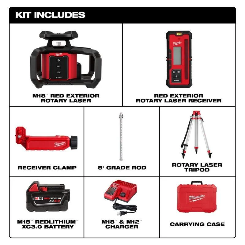 Milwaukee 3701-21T M18 Red Exterior Rotary Laser Level Kit w/ Receiver, Tripod, and Grade Rod - Image 2