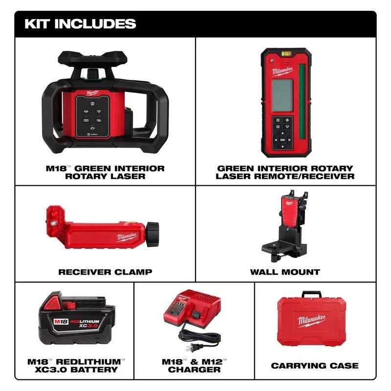 Milwaukee 3702-21 M18 Green Interior Rotary Laser Level Kit w/ Remote/Receiver and Wall Mount Bracket - Image 2