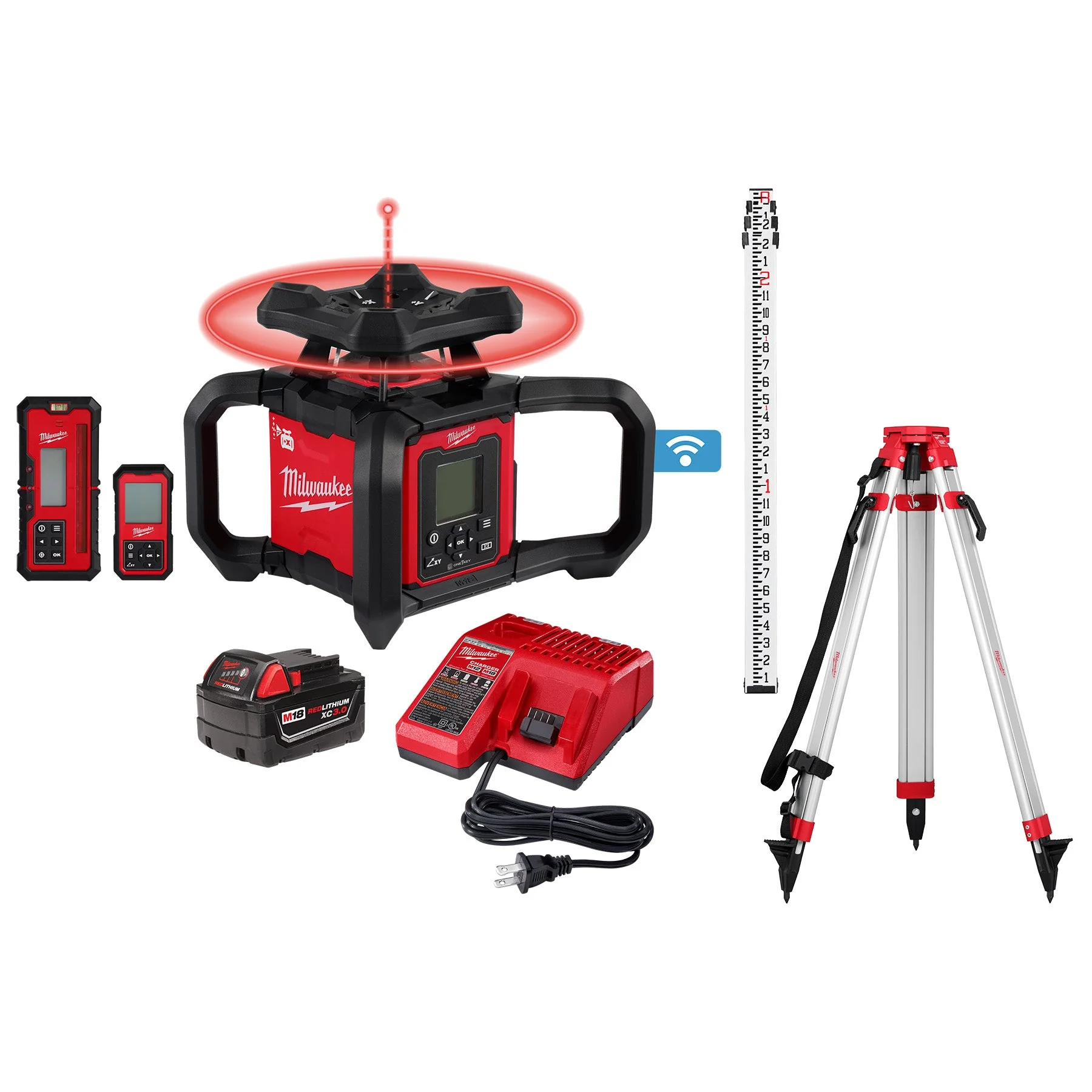 Milwaukee 3704-21T M18™ Red Exterior Dual Slope Rotary Laser Level Kit w/ Receiver, Remote, Grade Rod & Tripod - Image 4