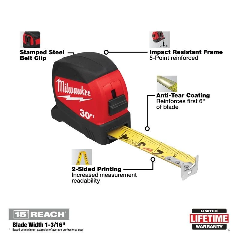 Milwaukee 48-22-0430 30FT Compact Wide Blade Tape Measure - Image 5