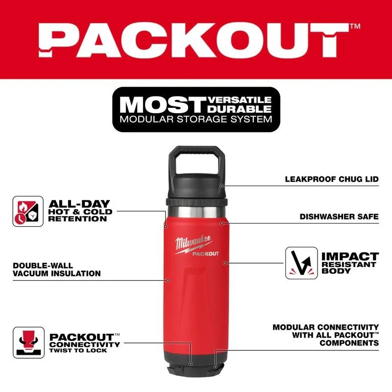 Milwaukee 48-22-8396R PACKOUT 24oz Insulated Bottle with Chug Lid - Red - Image 2