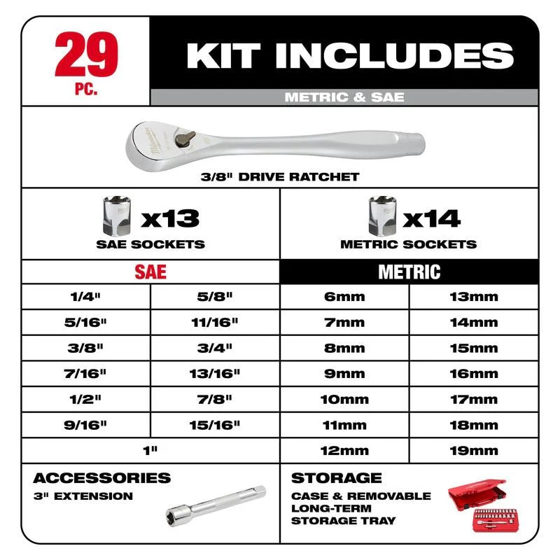 Milwaukee 48-22-9088 29pc 3/8in Drive Metric and SAE Ratchet and Socket Set with FOUR FLAT SIDES - Image 7