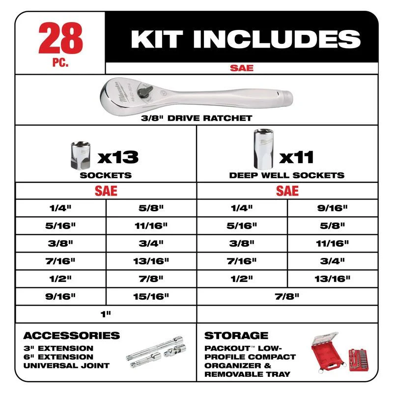 Milwaukee 48-22-9481 3/8in Drive 28pc Ratchet and Socket Set with PACKOUT Low-Profile Compact Organizer - SAE - Image 10