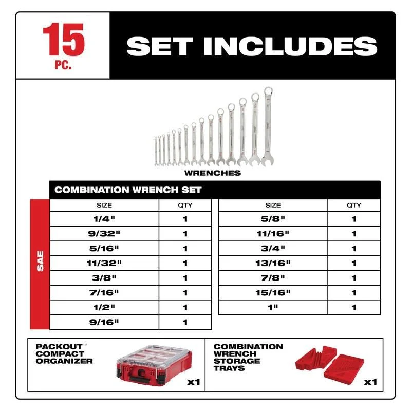 Milwaukee 48-22-9484 15pc SAE Combination Wrench Set with PACKOUT Compact Organizer - Image 10