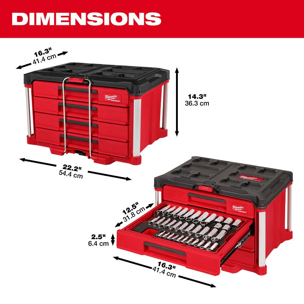 Milwaukee 48-22-9491 242pc. 1/4”, 3/8”, & 1/2” Drive Metric & SAE Ratchet & Socket Set with PACKOUT™ 4-Drawer Tool Box - Image 4