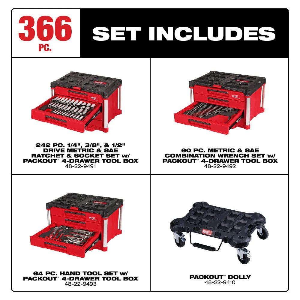 Milwaukee 48-22-9495 366pc. Master Mechanics Hand Tool Set with PACKOUT™ Drawers and Dolly - Image 2