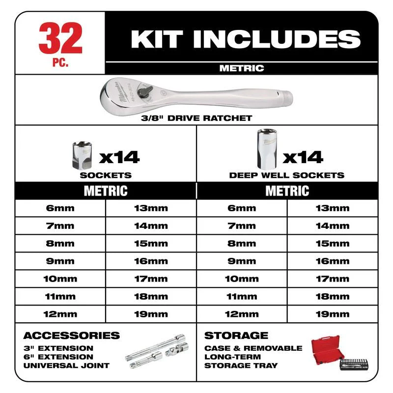 Milwaukee 48-22-9508 3/8in Drive 32pc Ratchet and Socket Set - Metric - Image 5