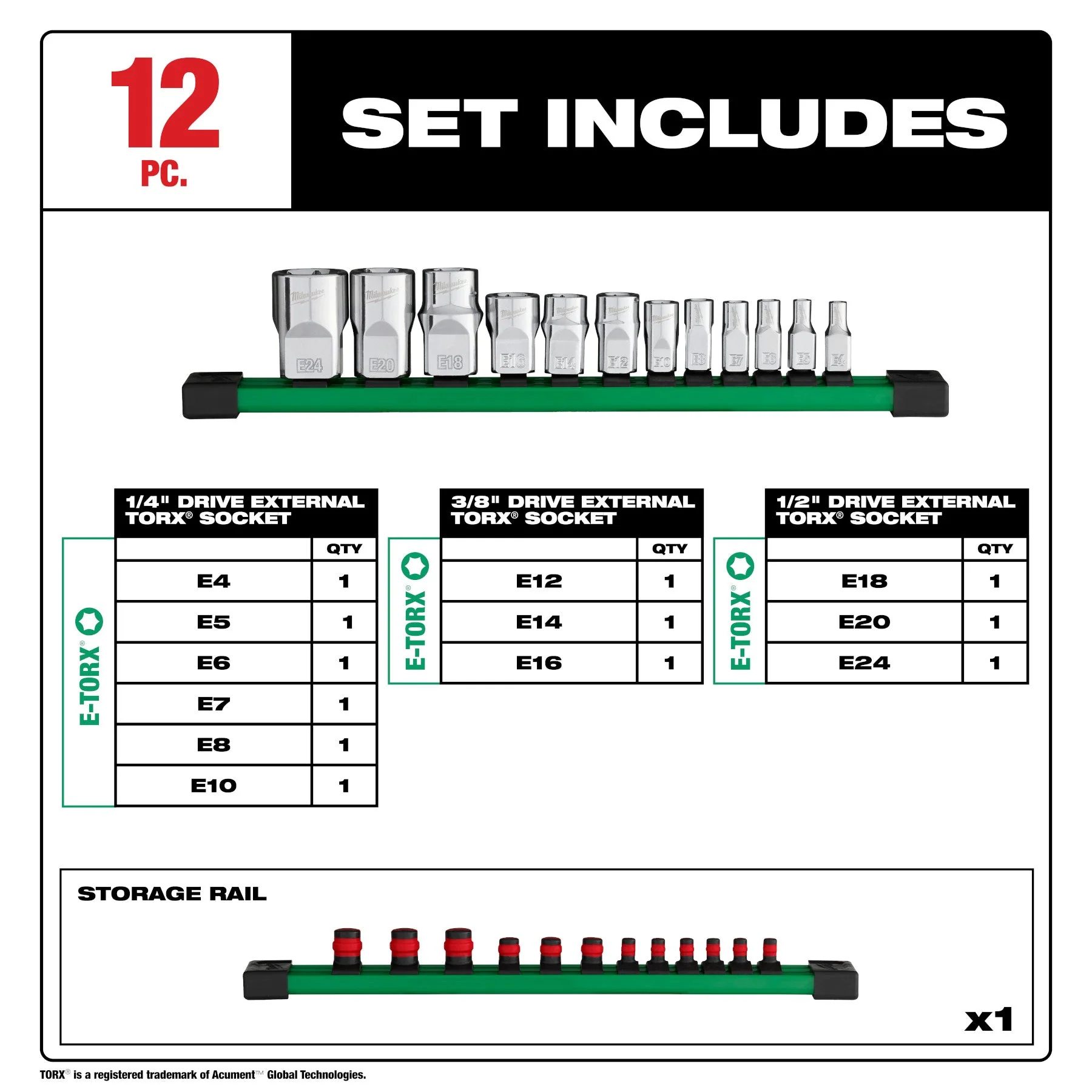 Milwaukee 48-22-9570 12pc 1/4”, 3/8”, & 1/2” Drive External TORX® Socket Set - Image 2