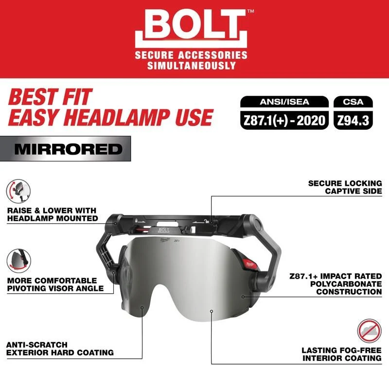 Milwaukee 48-73-1419 BOLT Eye Visor - Mirrored Dual Coat Lens (Compatible with Milwaukee BOLT Safety Helmets & BOLT Hard Hats) - Image 2