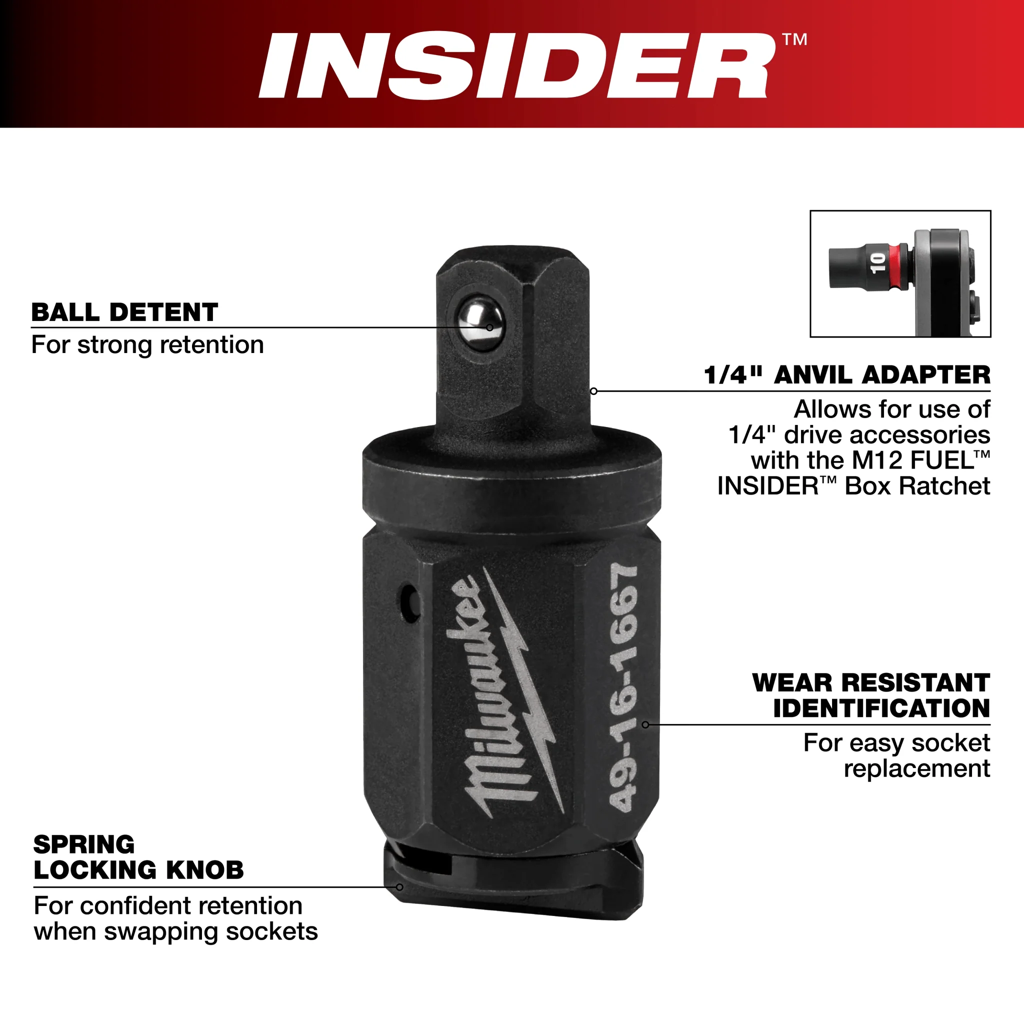 Milwaukee 49-16-1667 INSIDER™ Box Ratchet 1/4" Anvil Adapter - Image 2