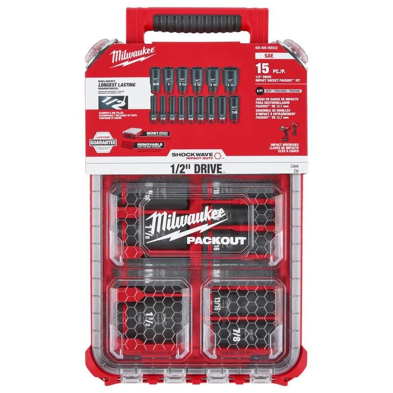 Milwaukee 49-66-6802 SHOCKWAVE Impact Duty Socket 1/2in Dr 15PC SAE PACKOUT Set - Image 4