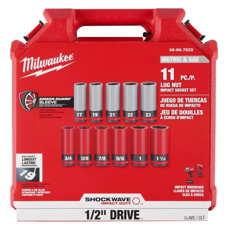 Milwaukee 49-66-7833 SHOCKWAVE Impact Duty 1/2 Drive SAE and Metric 11PC Lug Nut Wheel Socket Set - Image 8