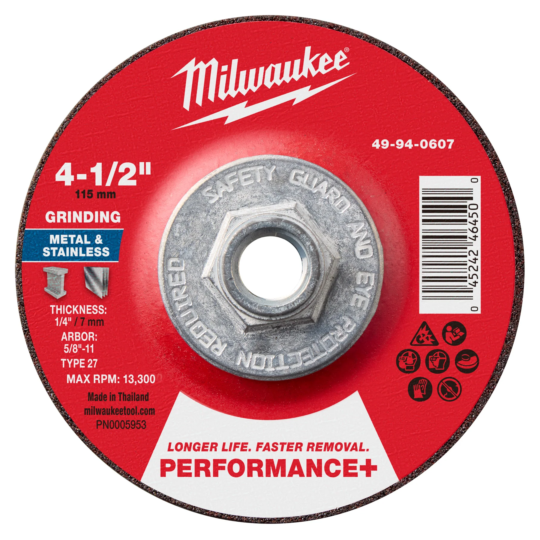Milwaukee 49-94-0607 4-1/2" x 1/4" x 5/8"-11 Performance+ Metal Grinding Wheel - Type 27
