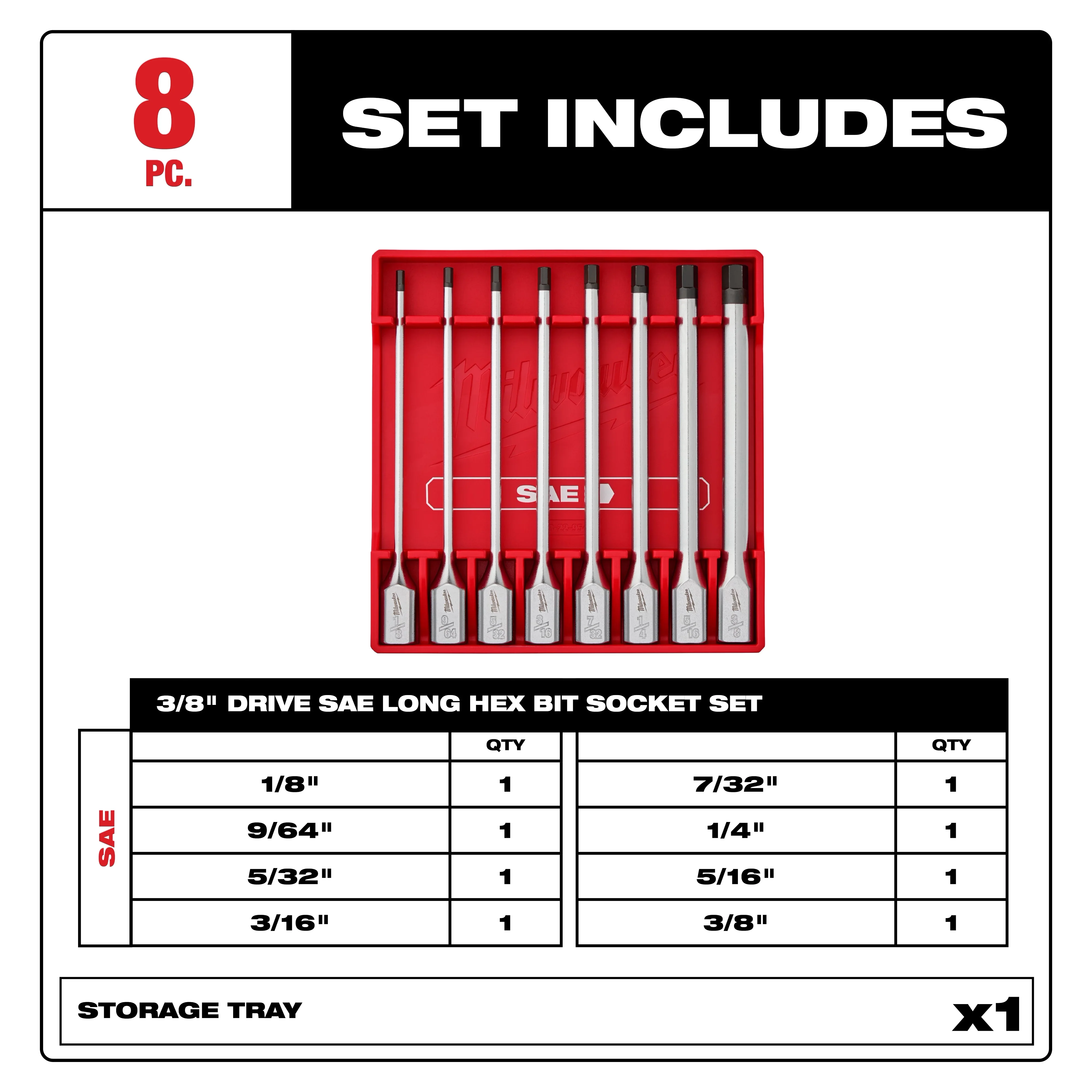 Milwaukee 48-22-9546 8pc 3/8" Drive Long Hex Bit Socket Set - SAE - Image 2