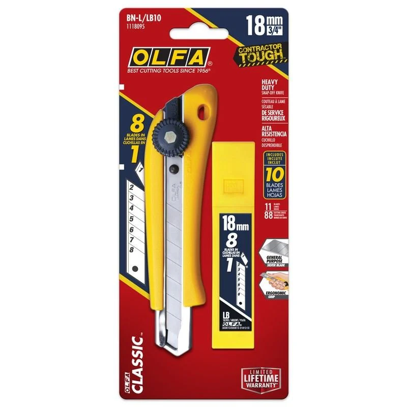 OLFA BN-L/LB10 18mm Heavy-Duty Snap-Off Utility Knife with 10-Pack Silver Snap-Off Blades