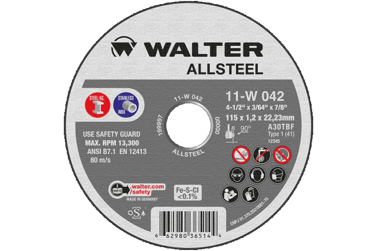 WALTER 11W042 ALLSTEEL 4.5X3/64X7/8'' T1 CUT-OFF WHEEL