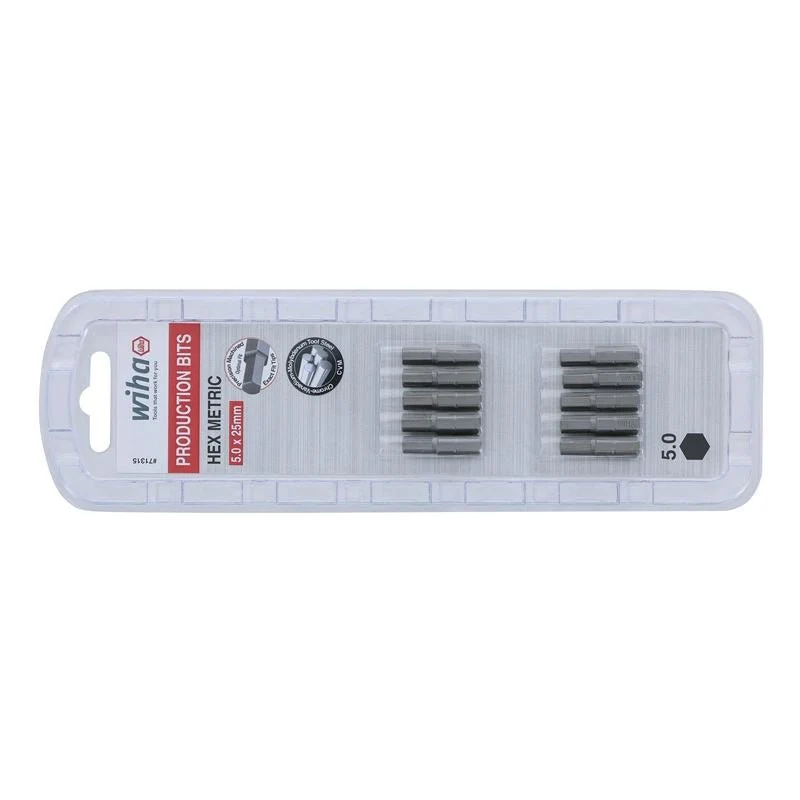 Wiha Hex Metric Insert Bit 5.0 x 25mm Pack of 10 Bits
